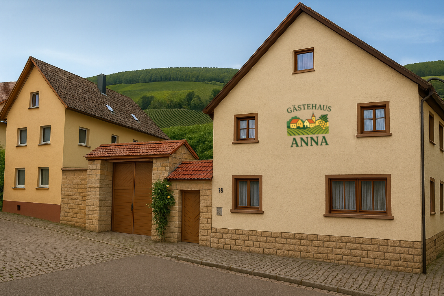 Gästehaus Anna in Rommersheim – Außenansicht mit Weinbergen im Hintergrund